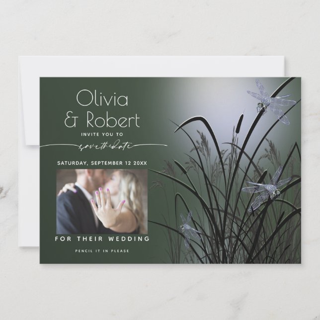 Sage Green Glow Save the Date  Moonlight Dragonfly Invitation (Front)