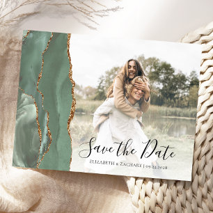 Sage Green Gold Agate Custom Photo Save the Date Postcard