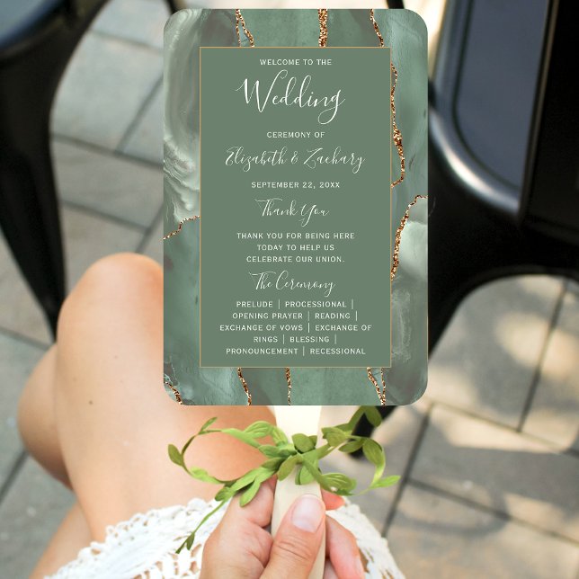 Sage Green Gold Agate Wedding Program Hand Fan (Creator Uploaded)