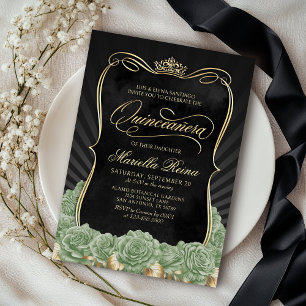 Sage Green Gold Black Quinceañera Invitation