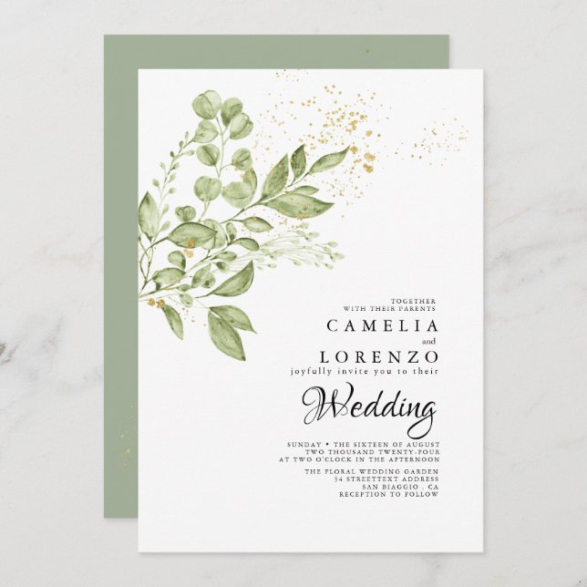 Sage Green Gold Boho Greenery Wedding Invitation (Front/Back)