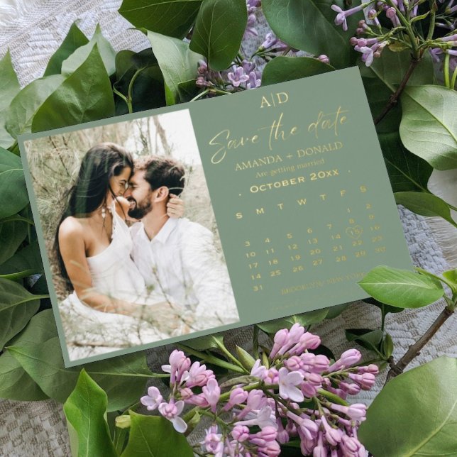 Sage Green Gold Calendar Wedding Save the date (Creator Uploaded)