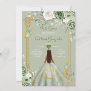Sage Green Gold Crown Mis Quince 15 Anos Dresses Invitation