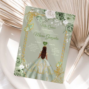 Sage Green Gold Crown Mis Quince 15 Anos Dresses Invitation