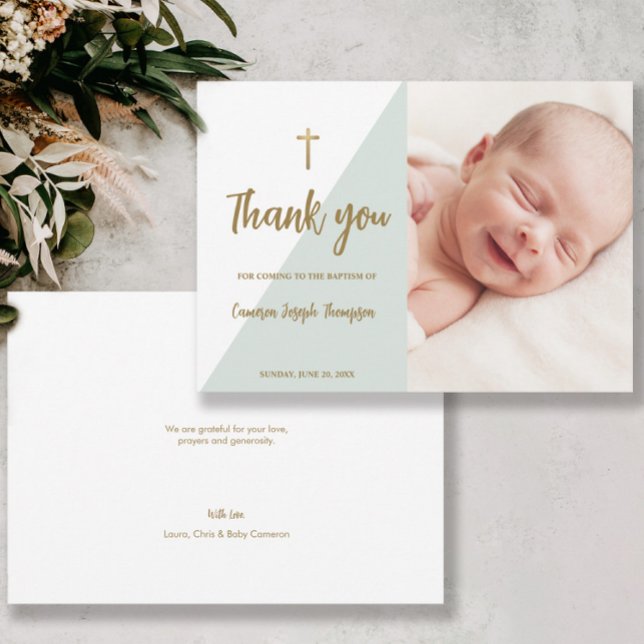 Sage green gold Custom Modern Baby Baptism  Invitation (Baby baptism gold cross and green photo thank you card.)