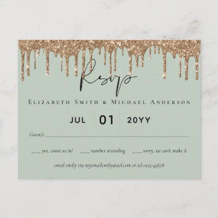 Sage Green Gold Dripping Glitter Wedding Script Postcard