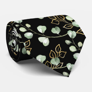 Sage Green & Gold Eucalyptus Elegant Black Wedding Tie