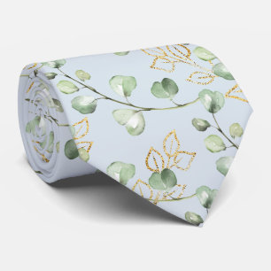 Sage Green & Gold Eucalyptus Light Blue Wedding Tie
