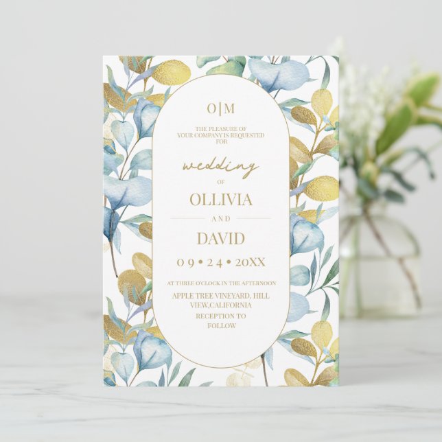 Sage Green Gold Eucalyptus Modern Wedding  Invitation (Standing Front)