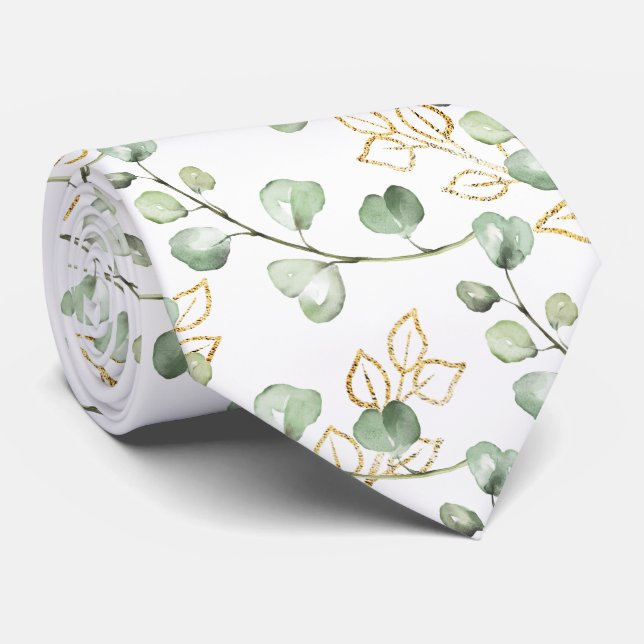 Sage Green & Gold Eucalyptus White Wedding Tie (Rolled)