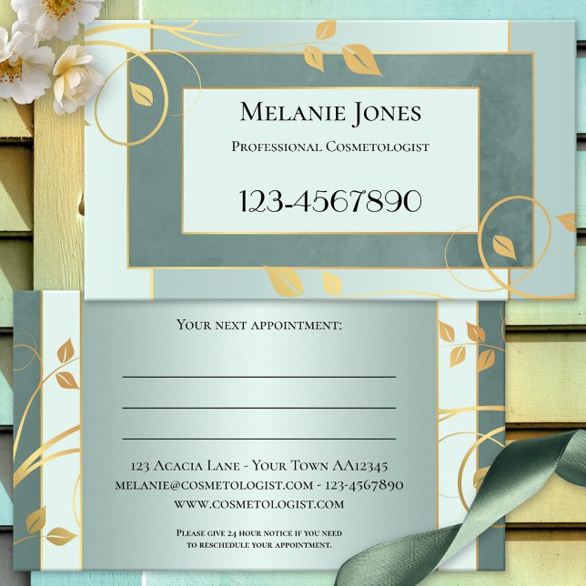 Sage Green Gold Floral Appointment Business Card (Appointment business card featuring a modern design with golden leaves on sage and pine green)