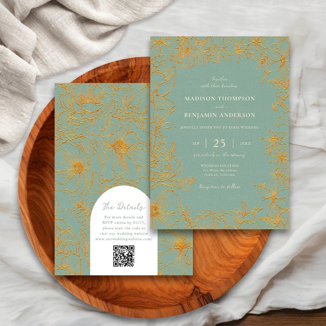 Sage Green Gold Floral Arch RSVP QR Code Wedding Invitation (Creator Uploaded)