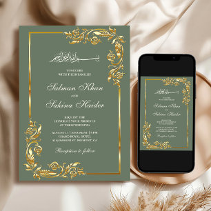Sage Green Gold Floral Border Islamic Wedding Invitation