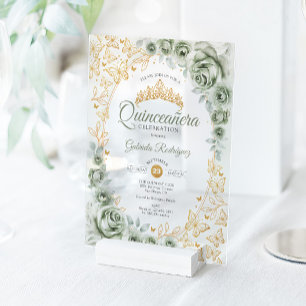 Sage Green Gold Floral Quinceanera Acrylic Invitations