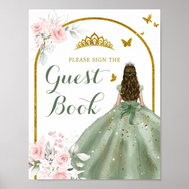 Sage Green Gold Floral Quinceañera Guest Book (Front)