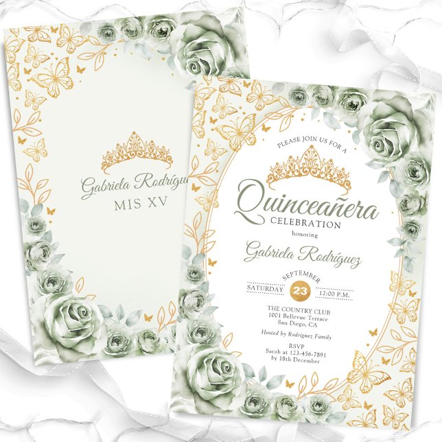 Sage Green Gold Floral Quinceanera Invitation (Creator Uploaded)