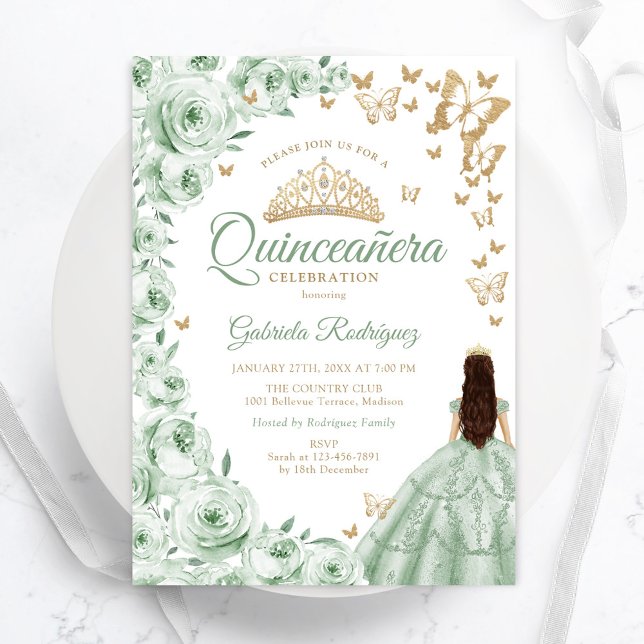 Sage Green Gold Floral Quinceanera Invitation (Creator Uploaded)
