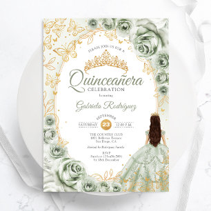 Sage Green Gold Floral Quinceanera Invitation