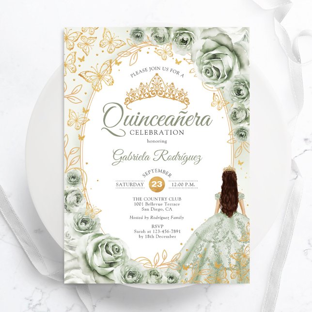 Sage Green Gold Floral Quinceanera Invitation (Creator Uploaded)