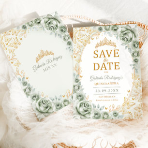 Sage Green Gold Floral Quinceanera Save The Date