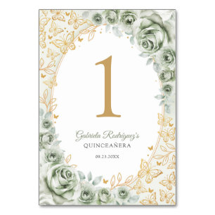Sage Green Gold Floral Quinceanera Table Number