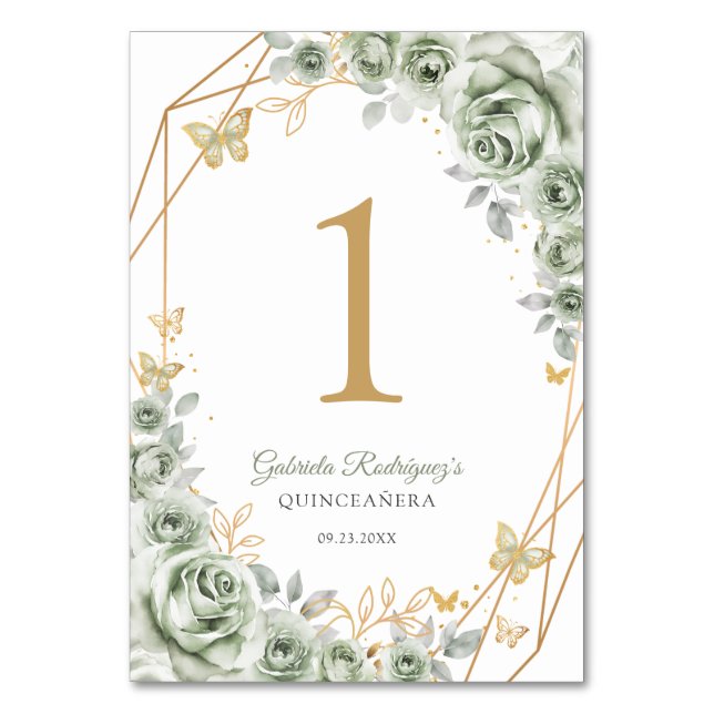 Sage Green Gold Floral Quinceanera Table Number (Front)