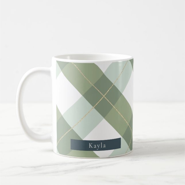 Sage Green & Gold Gingham Plaid Coffee Mug (Left)