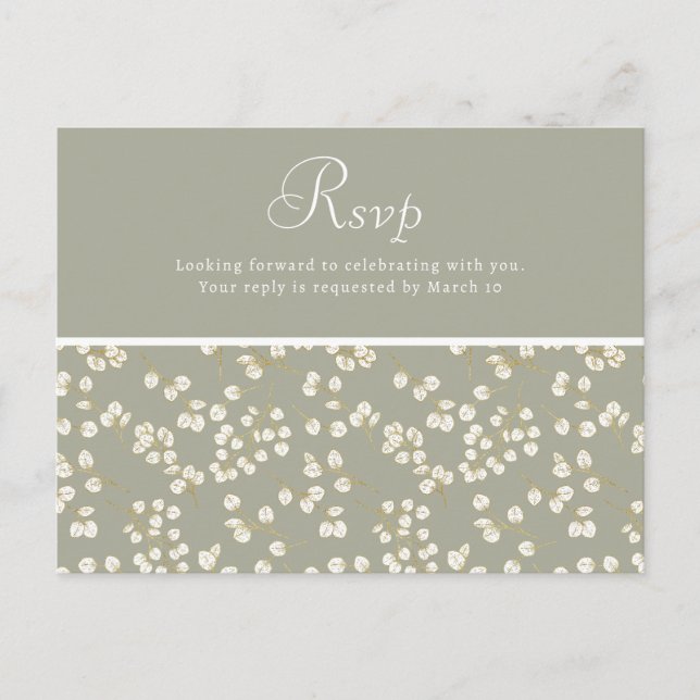 Sage Green Gold Greenery  Wedding Rsvp Postcard (Front)