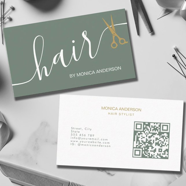 Sage Green Gold Hair Script Scissors QR Code Business Card (Sage Green Gold Hair Script Scissors QR Code Business Card)