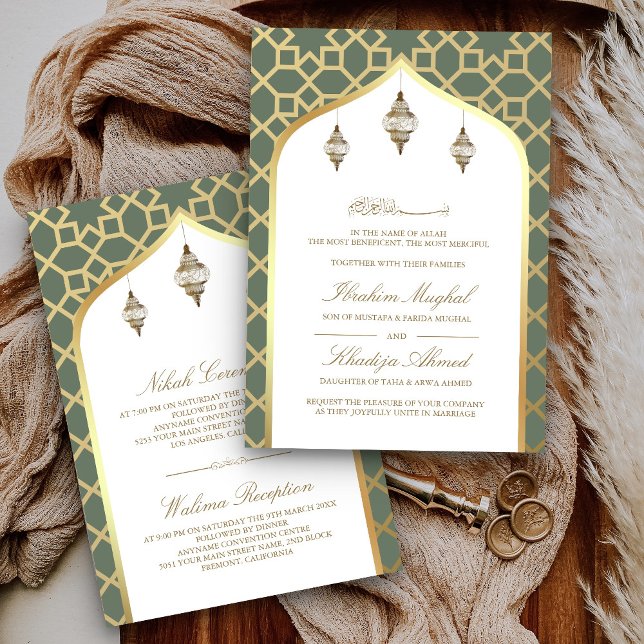 Sage Green Gold Hanging Lanterns Muslim Wedding Invitation (Creator Uploaded)