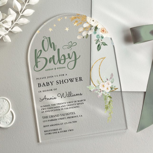 Sage Green Gold Ivory Floral Moon Arch Baby Shower Acrylic Invitations (Creator Uploaded)