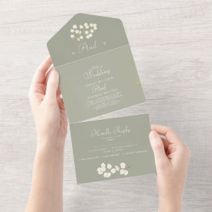 Sage Green Gold Leaves Greenery Wedding All In One Invitation