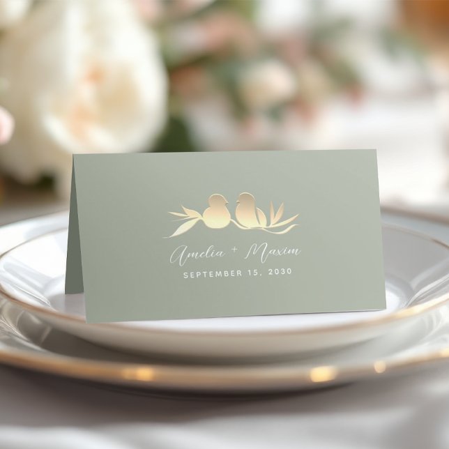 Sage Green Gold Love Birds Wedding Place Card (Creator Uploaded)