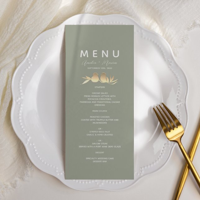 Sage Green Gold Lovebirds Wedding Menu (Creator Uploaded)