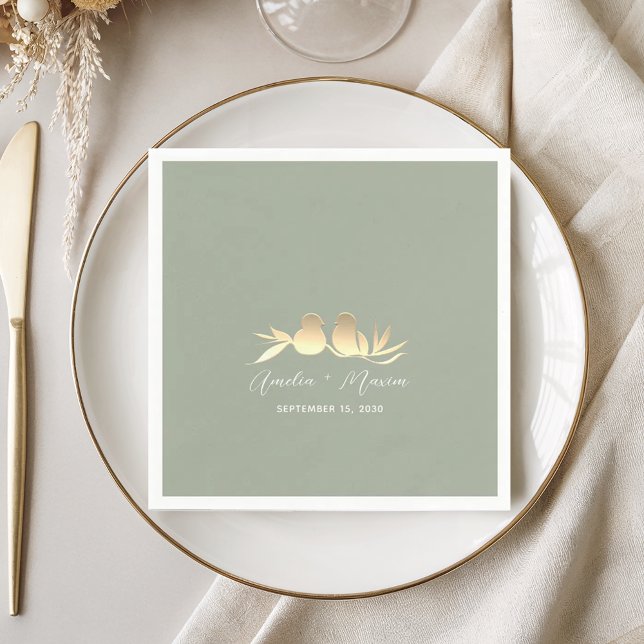 Sage Green Gold Lovebirds Wedding Napkin (Creator Uploaded)