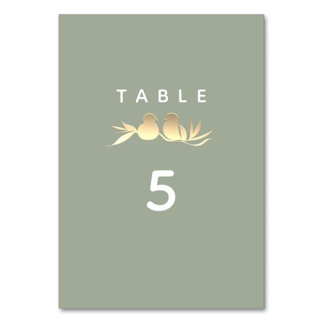 Sage Green Gold Lovebirds Wedding  Table Number (Front)