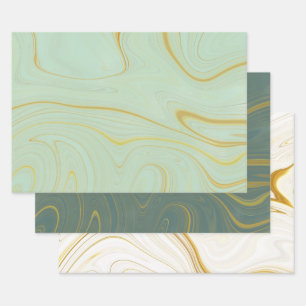 Sage Green Gold Marble Agate Glitter Wrapping Paper Sheet