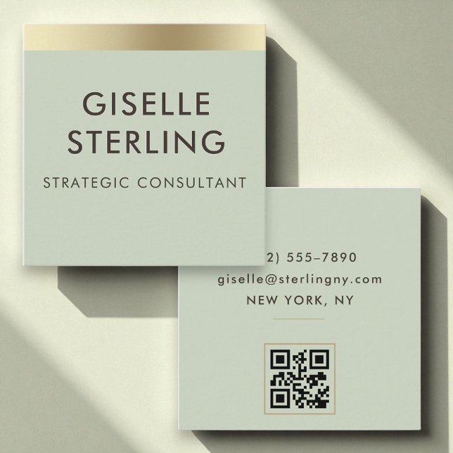 Sage Green Gold Metallic QR Code Square Business Card (Creator Uploaded)