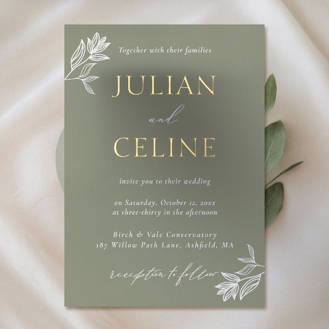 Sage Green Gold Minimal White Greenery Wedding (sage green wedding invitation gold foil minimal white greenery modern classic simple elegant)