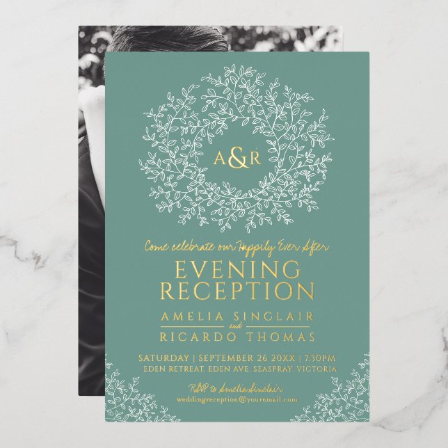 Sage green gold monogram wedding reception photo (Front/Back)