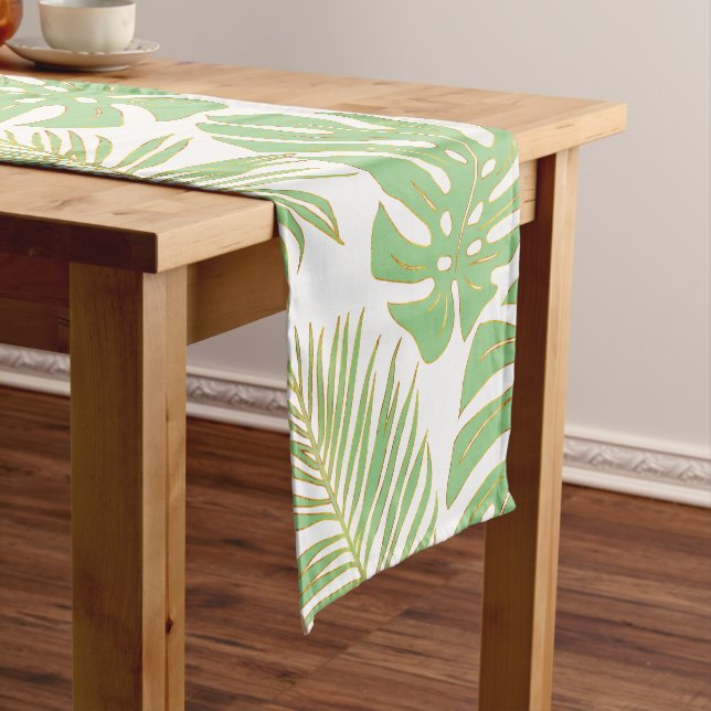 Sage green, gold palm and monstera tropical leaves short table runner (In Situ)