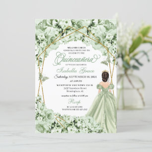 Sage Green Gold Princess Dress Quinceanera Invitation