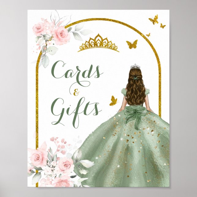 Sage Green Gold Princess Quinceañera Card & Gifts Poster (Front)