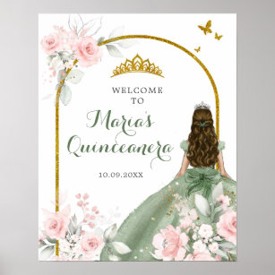 Sage Green Gold Princess Quinceanera Welcome Poster