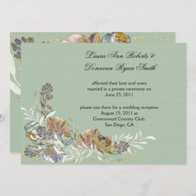 Sage Green Gold Purple Floral Reception Only Invitation (Front/Back)