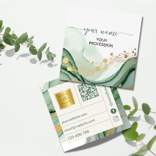 Sage Green Gold Qr Code Watercolor  Square Business Card