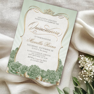 Sage Green Gold Quinceañera Invitation