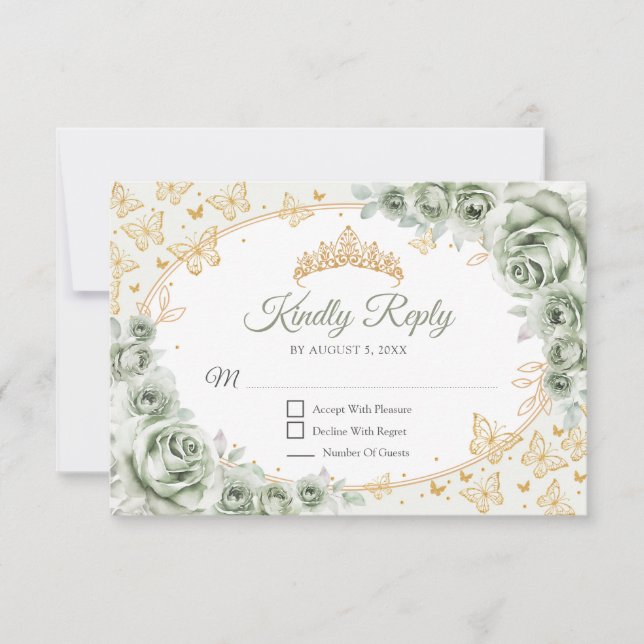 Sage Green Gold Quinceanera Reply RSVP Card (Front)