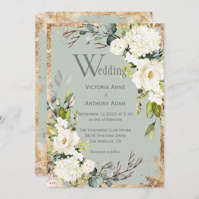 Sage Green Gold Rustic Floral Wedding Invitation (Front/Back)
