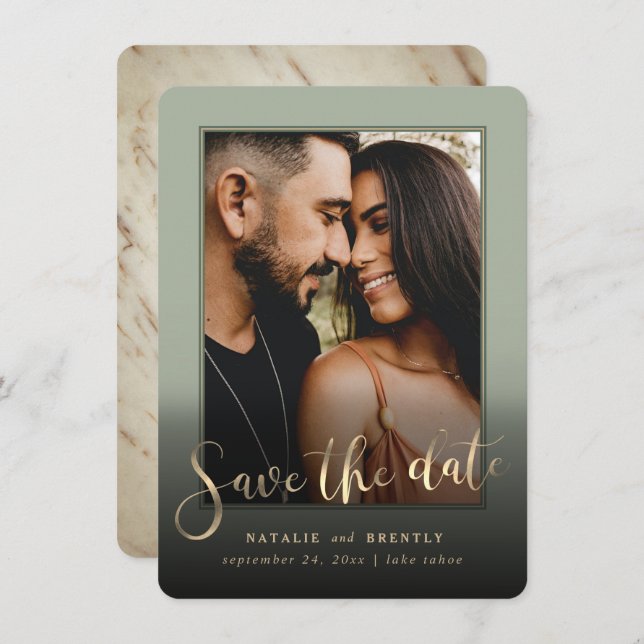 Sage Green Gold Script & Marble Photo Overlay Save The Date (Front/Back)